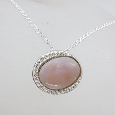 Sterling Silver Oval Pink Mother of Pearl with Cubic Zirconia Pendant on Silver Chain