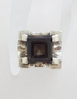 Sterling Silver Square Smokey Quartz Unusual and Bulky High Set Ring - Vintage / Antique