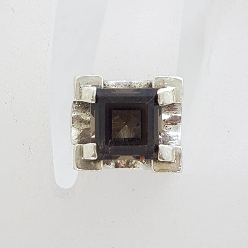 20210601_124307 Sterling Silver Square Smokey Quartz Unusual and Bulky High Set Ring - Vintage / Antique