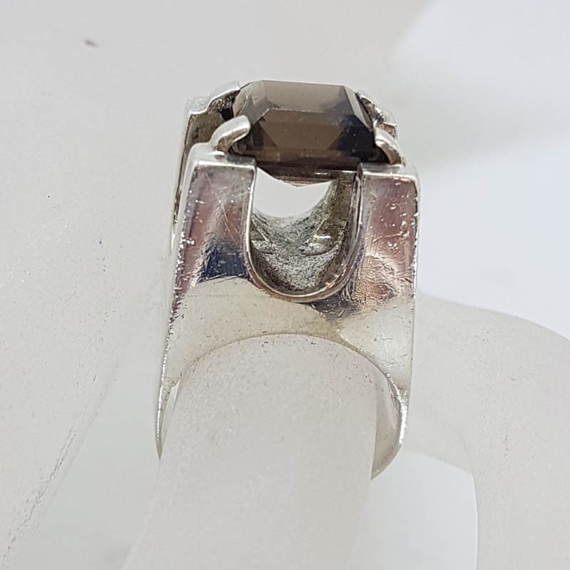 20210601_124346 Sterling Silver Square Smokey Quartz Unusual and Bulky High Set Ring - Vintage / Antique