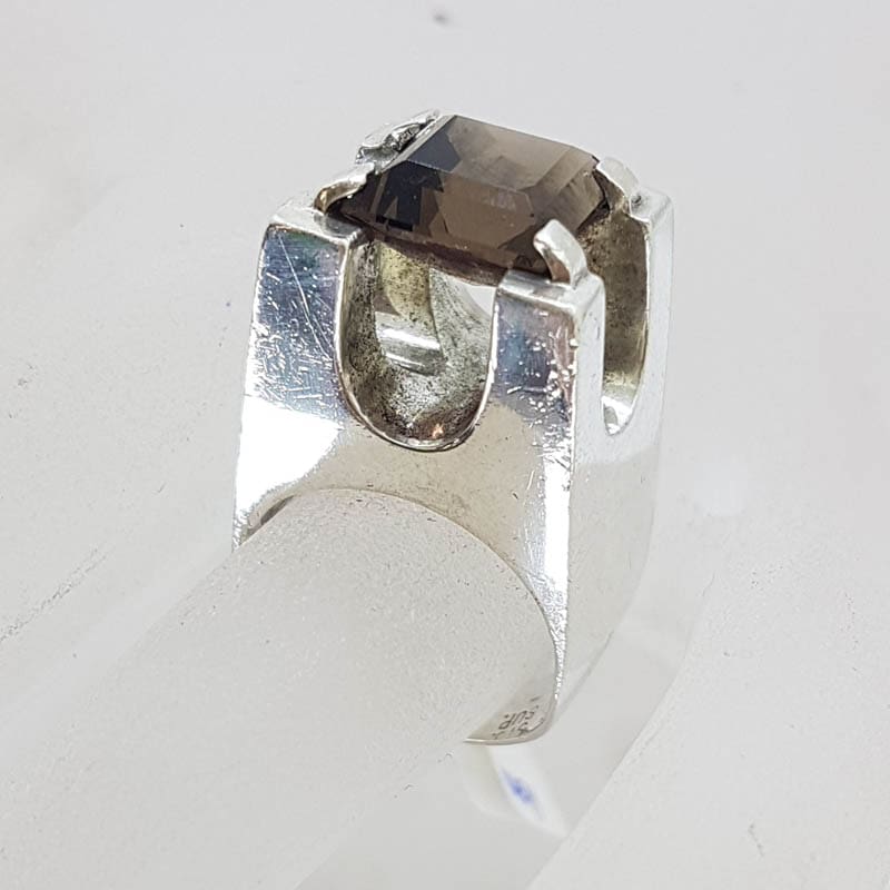 20210601_124402 Sterling Silver Square Smokey Quartz Unusual and Bulky High Set Ring - Vintage / Antique