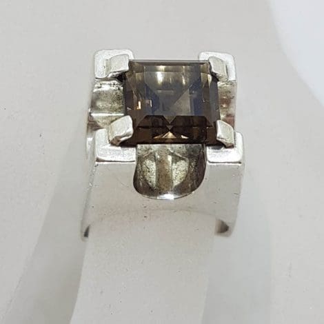 Sterling Silver Square Smokey Quartz Unusual and Bulky High Set Ring - Vintage / Antique