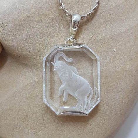 Sterling Silver Carved Clear Crystal Quartz Elephant Pendant on Silver Chain - Cameo