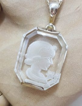 Sterling Silver Carved Clear Crystal Quartz Lady / Girl Face Pendant on Silver Chain - Cameo