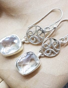 Sterling Silver Long Rectangular Clear Crystal Quartz Ornate Filigree Drop Earrings