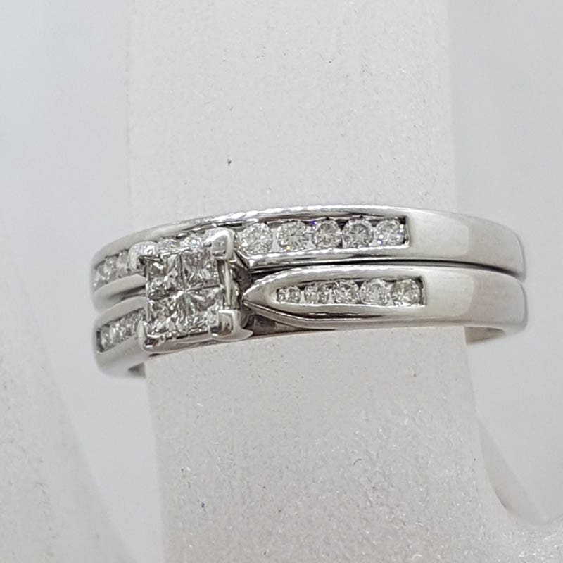 9ct White Gold Channel Set and Claw Set Diamond Engagement Ring and Wedding Ring Set - Square Setting