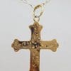9ct Yellow Gold Oval Opal Ornate Cross / Crucifix Pendant on Gold Chain - Antique / Vintage