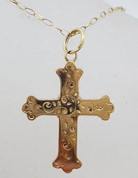 9ct Yellow Gold Oval Opal Ornate Cross / Crucifix Pendant on Gold Chain - Antique / Vintage