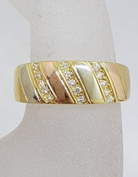 18ct Yellow Gold, Rose Gold, White Gold - Three Tone - Diamond Wide Ring / Wedding Band