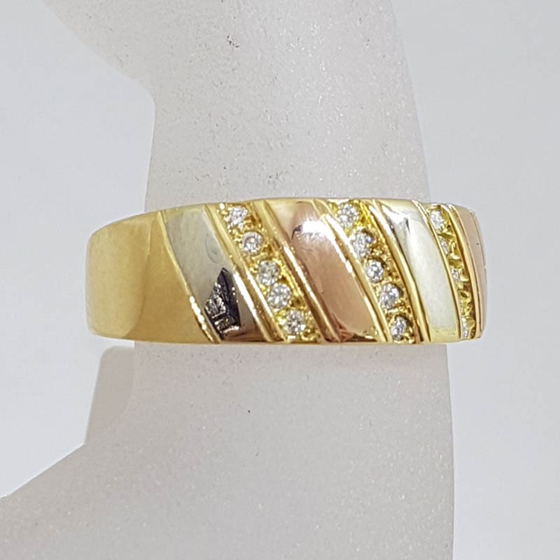 18ct Yellow Gold, Rose Gold, White Gold - Three Tone - Diamond Wide Ring / Wedding Band