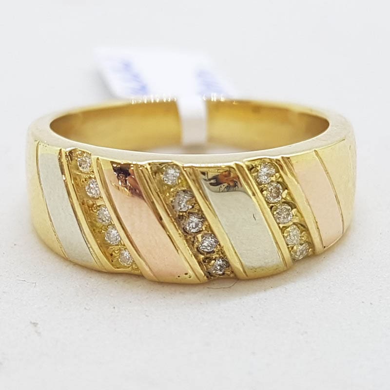 18ct Yellow Gold, Rose Gold, White Gold - Three Tone - Diamond Wide Ring / Wedding Band