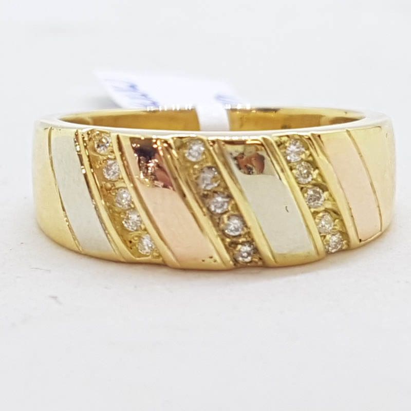 18ct Yellow Gold, Rose Gold, White Gold - Three Tone - Diamond Wide Ring / Wedding Band