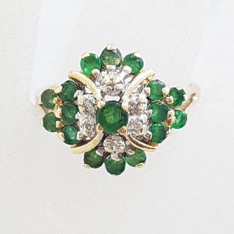 9ct Yellow Gold Natural Emerald and Diamond Cluster Ring - Antique / Vintage