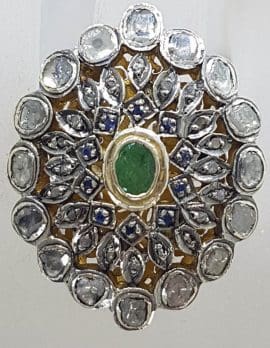 Sterling Silver Very Large and Exquisite Cluster Ring Set with Emerald, Blue Stones and Diamond
