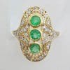 9ct Yellow Gold Large Oval Natural Emerald and Diamond Ring - Art Deco Style - Ornate