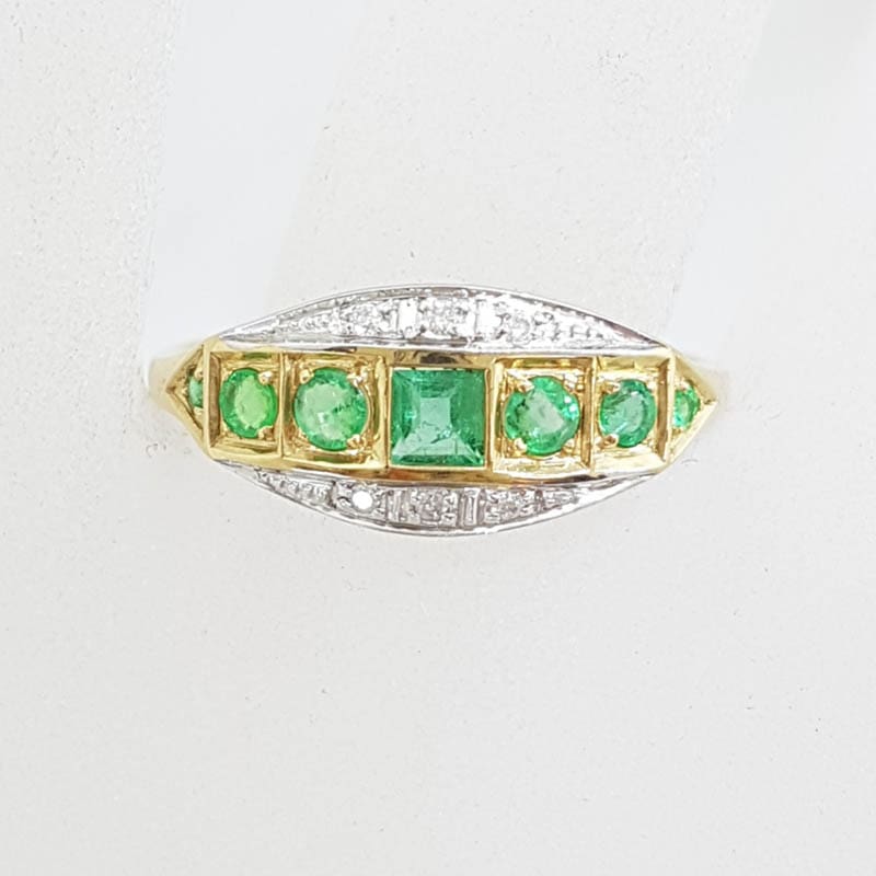 9ct Yellow Gold Natural Emerald & Diamond Bridge Set / Eternity Art Deco Style Ring