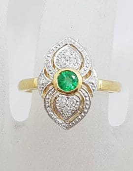 9ct Yellow Gold Natural Emerald & Diamond Ornate Art Deco Style Cluster Ring