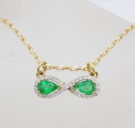 9ct Yellow Gold Natural Emerald and Diamond Infinity Pendant on Gold Chain