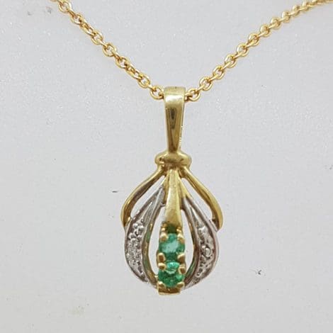 9ct Yellow Gold Natural Emerald and Diamond Pendant on Gold Chain