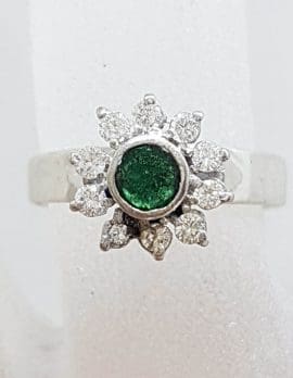 18ct White Gold Natural Emerald and Diamond High Set Daisy Flower Cluster Ring - Antique / Vintage