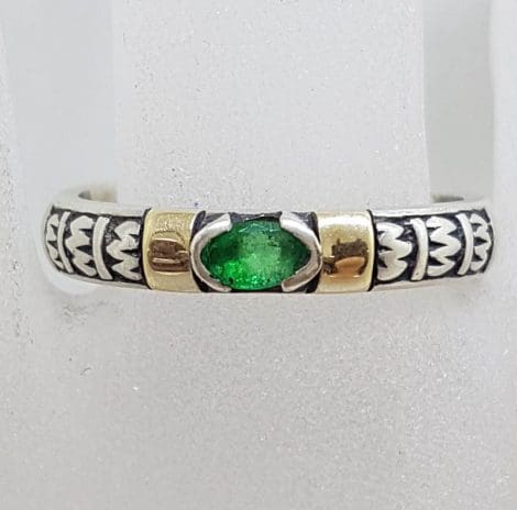 Sterling Silver Oval Emerald with Gold Ornate Band Ring - Stackable