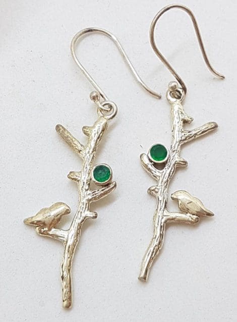 Sterling Silver Long Emerald with Bird on Branch Drop Earrings