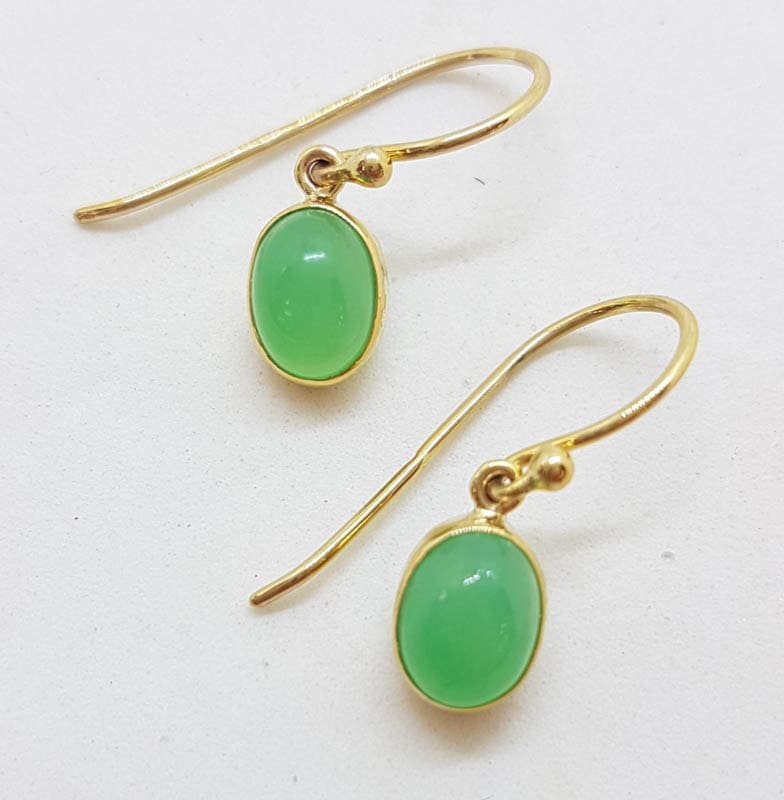 9ct Yellow Gold Oval Bezel Set Chryosprase / Australian Jade Drop Earrings
