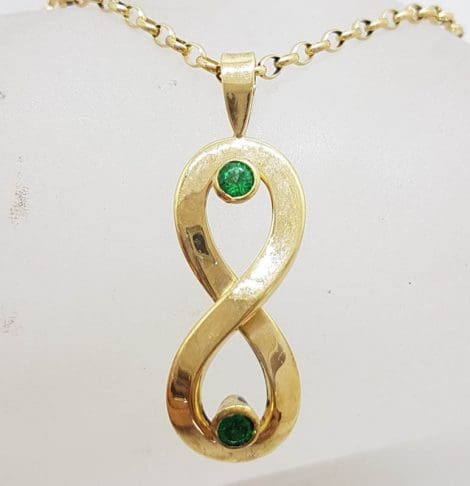 9ct Yellow Gold Natural Emerald Large Handmade Infinity Pendant on Gold Chain