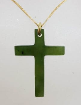 9ct Yellow Gold New Zealand Green Stone / Jade - Cross / Crucifix Pendant on Gold Chain – Antique / Vintage