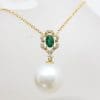 18ct Yellow Gold Emerald, South Sea Pearl and Diamond Drop Pendant on 9ct Chain
