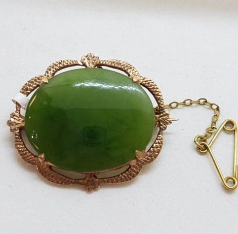 9ct Rose Gold Ornate Oval New Zealand Green Stone Jade Brooch – Antique / Vintage