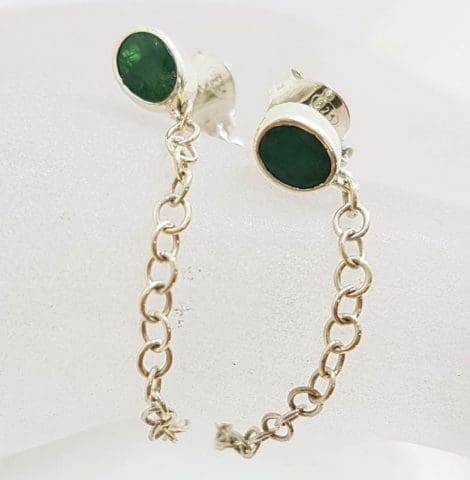 Sterling Silver Oval Emerald with Chain Link Earrings