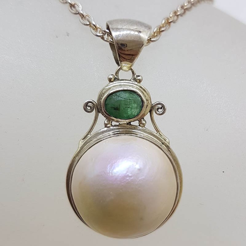 20210601_213046 Sterling Silver Emerald & Mabe Pearl Pendant on Sterling Silver Chain