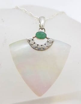 Sterling Silver Natural Emerald and Mother of Pearl Triangular Pendant on Silver Chain