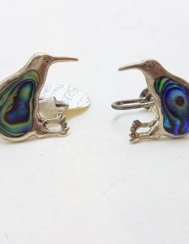 Sterling Silver Paua Shell New Zealand Kiwi Bird Screw-On Earrings - Vintage