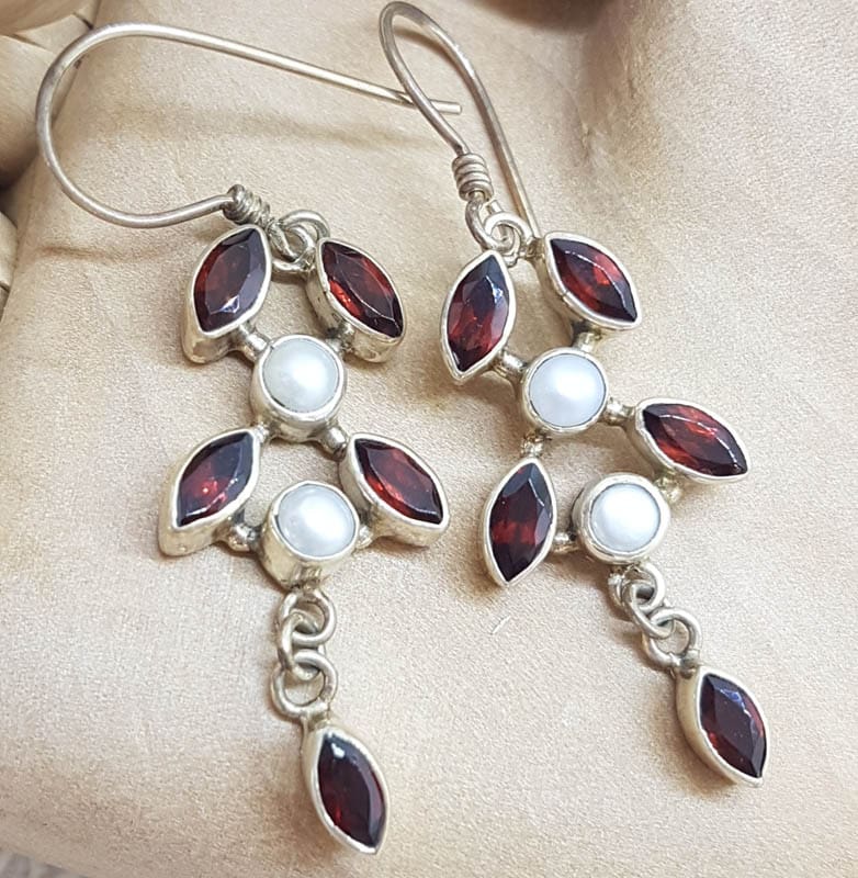 20210601_213635 Sterling Silver Garnet & Pearl Leaf Design Long Drop Earrings