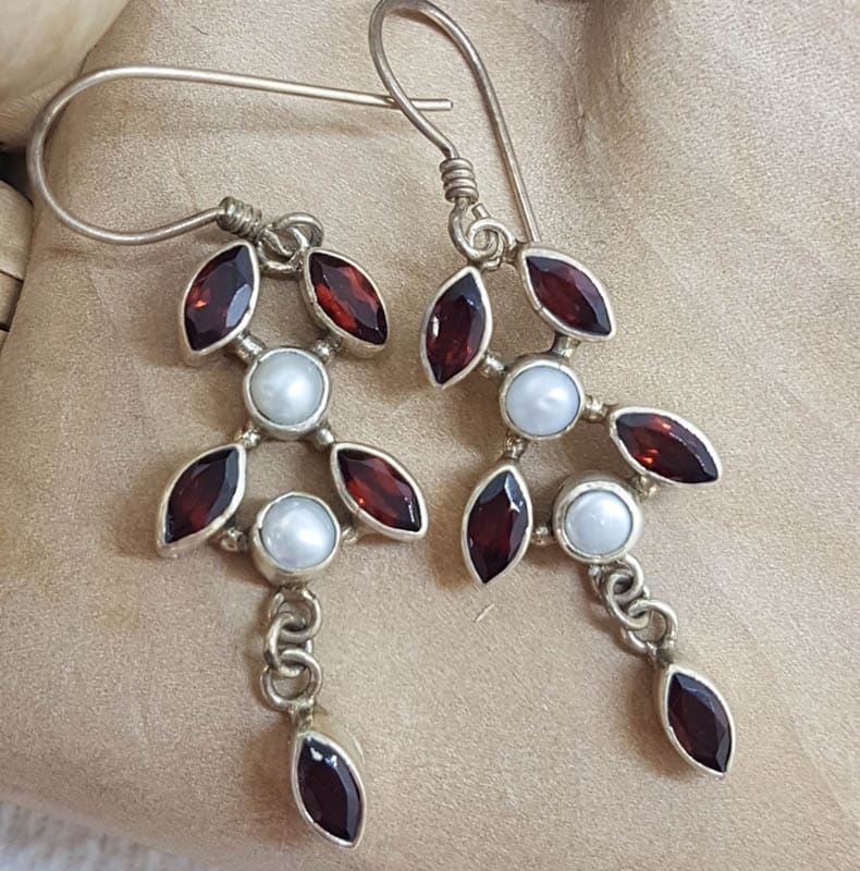 20210601_213648 Sterling Silver Garnet & Pearl Leaf Design Long Drop Earrings