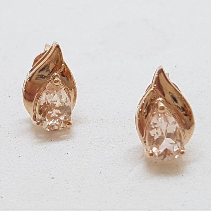 9ct Rose Gold Natural Morganite - Teardrop / Pear Shape - Studs / Earrings
