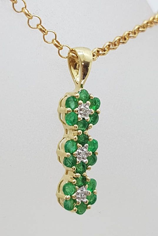20210601_214141 9ct Yellow Gold Natural Emerald and Diamond 3 Daisy Cluster Pendant on Gold Chain