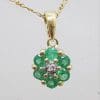 9ct Yellow Gold Natural Emerald and Diamond Daisy Cluster Pendant on Gold Chain