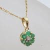 9ct Yellow Gold Natural Emerald and Diamond Daisy Cluster Pendant on Gold Chain
