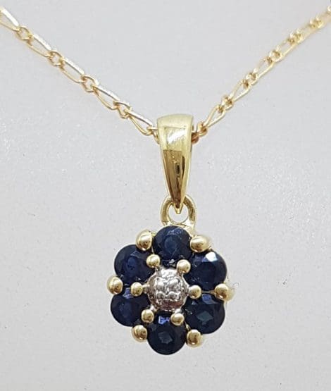 9ct Yellow Gold Natural Sapphire and Diamond Daisy Flower Cluster Pendant on Gold Chain