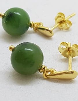 9ct Yellow Gold Natural Jade Ball Drop Earrings