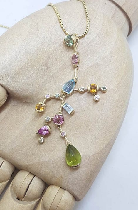 9ct Yellow Gold Unique Large and Long Multi-Coloured Gemstones Pendant on Gold Chain - " Southern Cross Style " - Pink Tourmaline, Topaz, Peridot, Citrine and Diamond