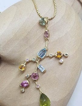 9ct Yellow Gold Unique Large and Long Multi-Coloured Gemstones Pendant on Gold Chain - " Southern Cross Style " - Pink Tourmaline, Topaz, Peridot, Citrine and Diamond