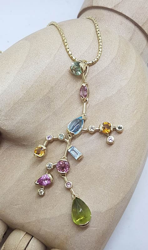 20210601_220236 9ct Yellow Gold Unique Large and Long Multi-Coloured Gemstones Pendant on Gold Chain - " Southern Cross Style " - Pink Tourmaline, Topaz, Peridot, Citrine and Diamond