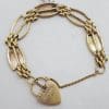 * SOLD * 9ct Yellow Gold Ornate Oval and Gate Link Design Heart Padlock Bracelet - Heavy - Antique / Vintage