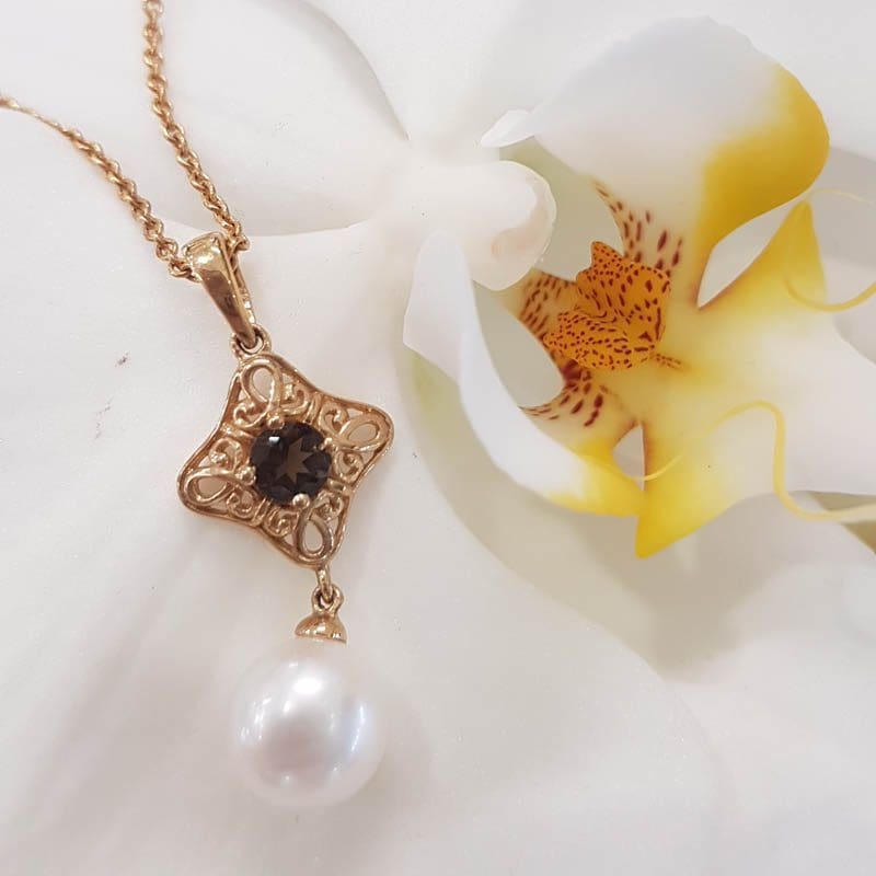 9ct Yellow Gold Pearl & Smokey Quartz Ornate Filigree Pendant on Gold Chain