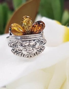 Sterling Silver Amber Lion Head Ring