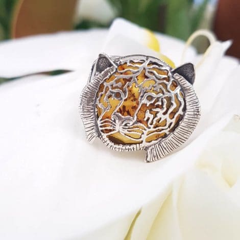 Sterling Silver Natural Baltic Amber Tiger Head / Big Cat Ring
